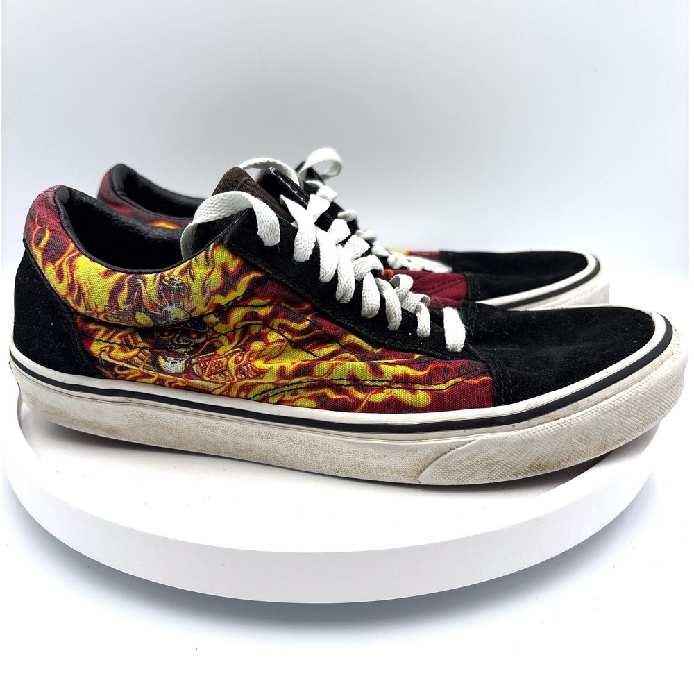 Vans Old Skool 7.5M 9W Black Flame Graphic Skater Edgy Low Top Sneakers